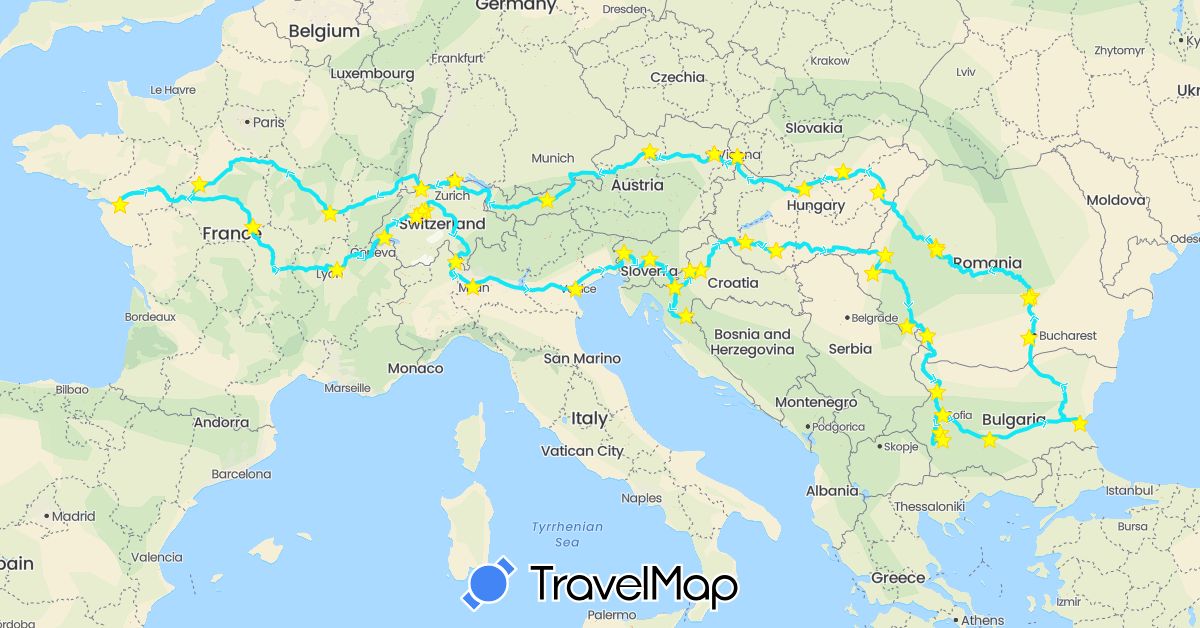 TravelMap itinerary: driving, camping-car in Austria, Bulgaria, Switzerland, France, Croatia, Hungary, Italy, Romania, Slovenia, Slovakia (Europe)